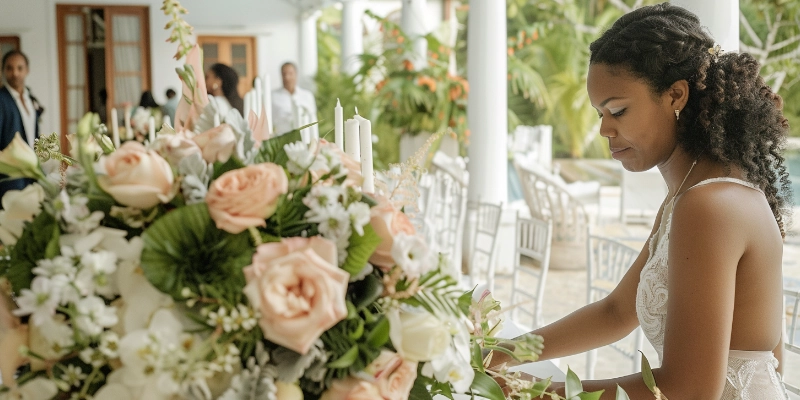 Flores sobre una mesa arregladas por una mujer en la boda.